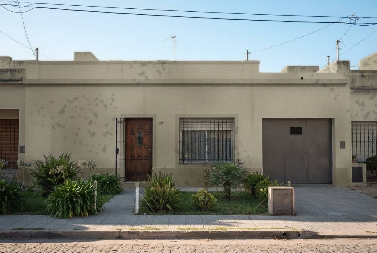 Frente de casa de una planta con la pintura gastada, manchada y saltada